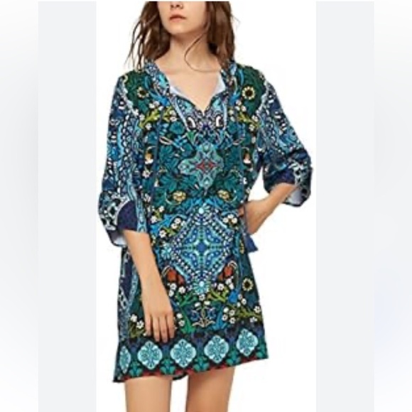 Women Bohemian Neck Tie Vintage Printed Ethnic Style Summer Shift Dress Large - Picture 1 of 8